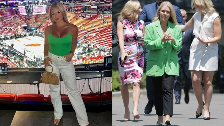 Karoline Leavitt antes y después de MAGA con sus fotos de antes mostrando un estilo más liberal y moderno y las fotos de después mostrando un estilo más conservador.