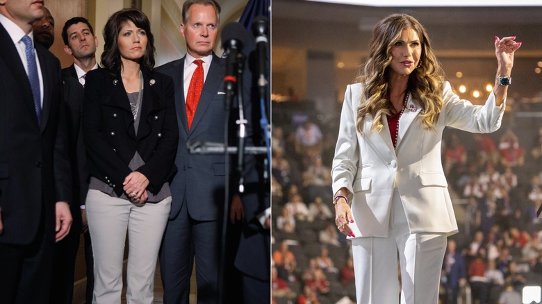 Kristi Noem antes de MAGA con ropa de negocios tosca versus después de la transformación de MAGA con un traje de poder