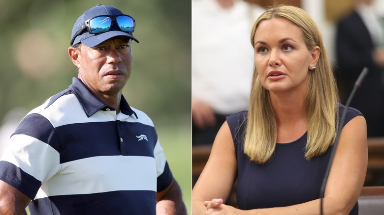 Tiger Woods está en un campo de golf mientras Vanessa Trump se sienta en una sala del tribunal