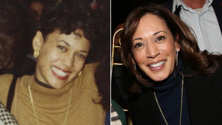 Al lado de Kamala Harris en 1986 y 2025. Izquierda: una joven Harris sonríe. Su cabello tiene un corte de duendecillo rizado.