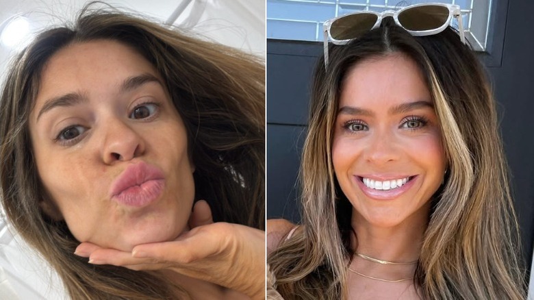 Comparación lado a lado de Taylor Frankie Paul con maquillaje y sin maquillaje. Izquierda: Taylor posa para una sesión de fotos profesional, sus cejas son muy oscuras mientras que su lápiz labial y el resto de su maquillaje son pálidos. Derecha: una selfie de Taylor, con el rostro fresco, haciendo pucheros ante la cámara. Sus cejas son naturales y espesas, no de color extra oscuro.