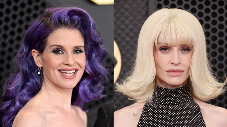 Al lado de Kelly Osbourne en 2024 y en 2026. Izquierda: Osbourne en 2019. Tiene un rostro más lleno y lleva el cabello morado recogido en una cola de caballo con flequillo contundente. Lleva una chaqueta negra y botones negros. Derecha: Osbourne en 2026. Su rostro es notablemente más demacrado, con pómulos prominentes y una mandíbula más estrecha. Lleva una peluca rubia con las puntas levantadas y un flequillo despuntado, al estilo años 60. Lleva un vestido negro sin mangas, de cuello alto y con pedrería plateada.