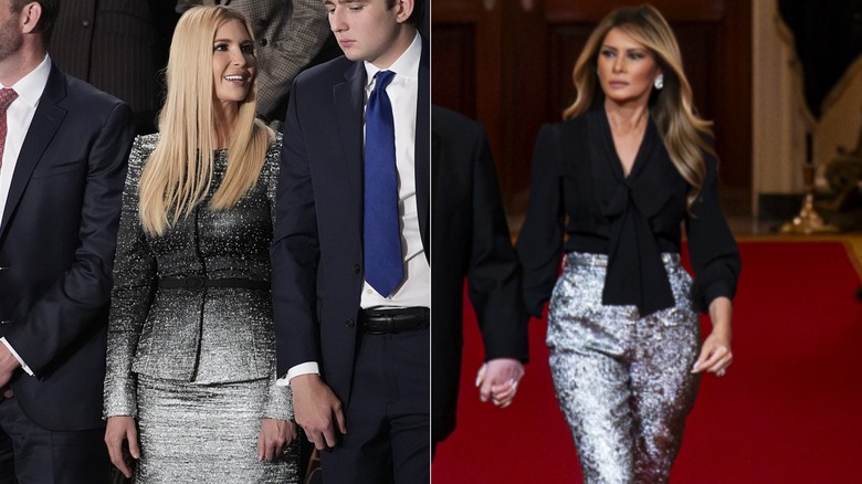 Ivanka lleva un traje de falda entallado brillante en blanco y negro. Melania lleva una blusa negra con un par de pantalones plateados metalizados.