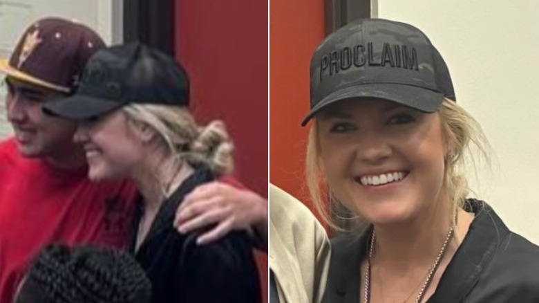 Dos imágenes en primer plano de Erika Kirk. Lleva una gorra de béisbol negra que dice