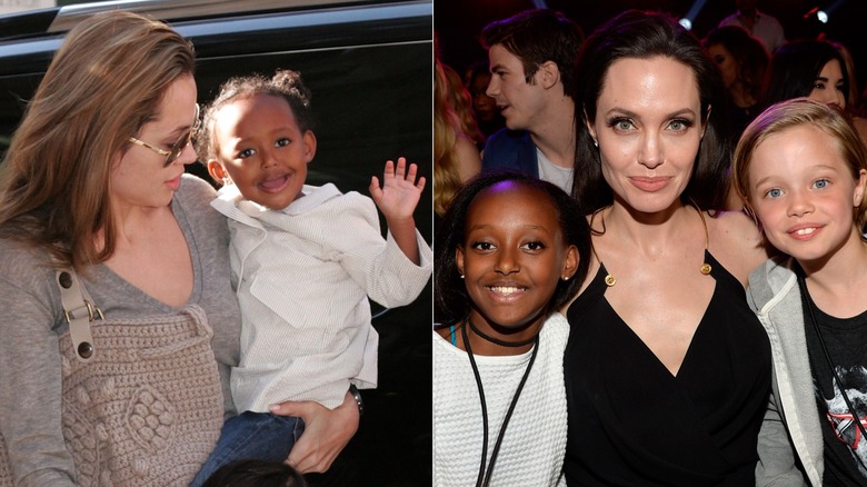 Zahara Jolie y Angelina Jolie saliendo del auto y en la 28a edición anual de los Kids' Choice Awards de Nickelodeon con Shiloh