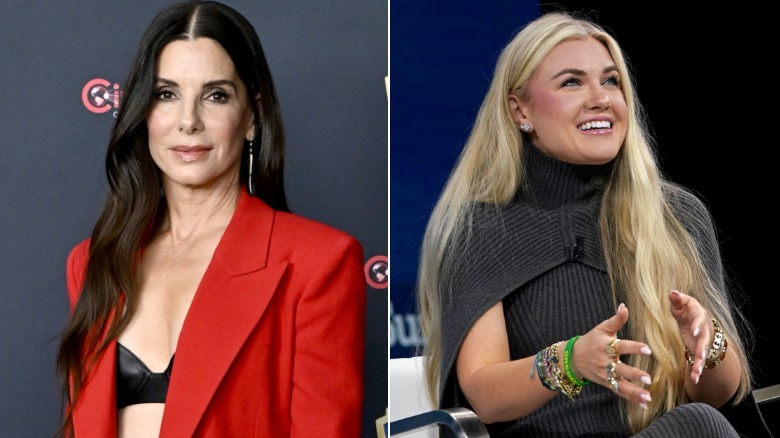 Imagen lado a lado de Sandra Bullock y Erika Kirk. Sandra es una mujer mayor de piel clara y cabello largo castaño oscuro. Lleva una chaqueta de traje de color rojo brillante. Erika es una mujer de piel clara.