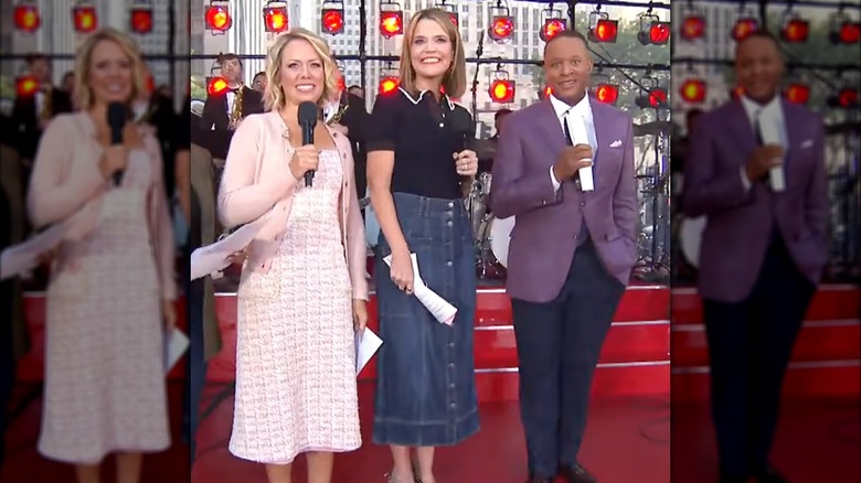 Dylan Dreyer, Savannah Guthrie y Craig Melvin sostienen micrófonos en el escenario del concierto The Today Show