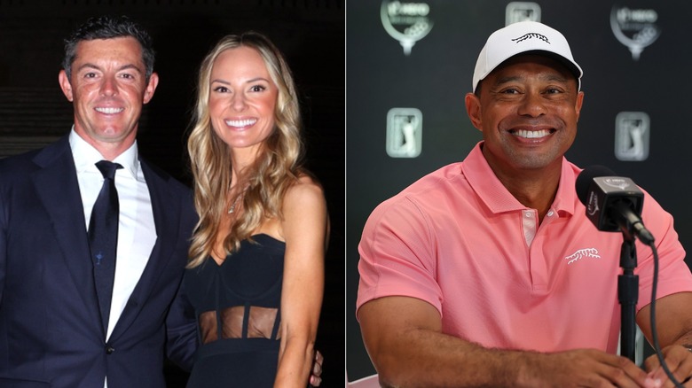Rory McIlroy y Erica Stoll caminan juntas por una alfombra roja; Tiger Woods sonríe durante una rueda de prensa