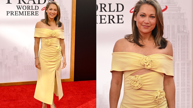 Ginger Zee en el estreno de DWP2. Es una mujer de piel clara y cabello corto de color castaño claro. Lleva un vestido amarillo con hombros descubiertos, apliques florales y fruncido en el lateral.