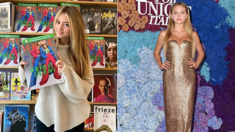 Leni Klum sostiene la portada de diciembre de 2020 de Vogue Alemania / Leni Kum en el evento LuisaViaRoma para Unicef ​​en Capri, Italia en 2021