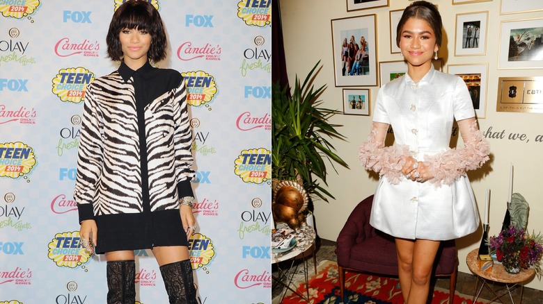 Zendaya con un vestido camisero a rayas en 2014 y un vestido blanco en 2016