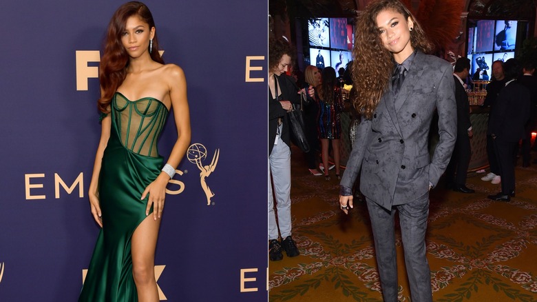 Zendaya con vestido verde y traje gris en 2019