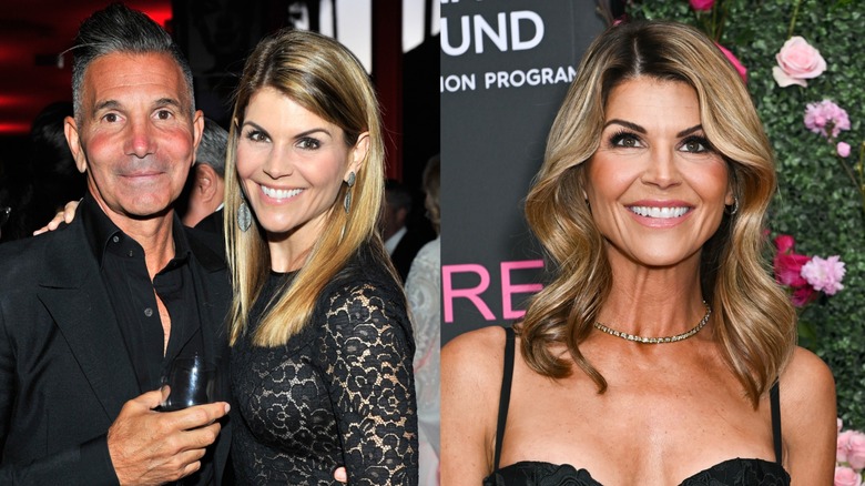 La actriz Lori Loughlin fotografiada con su marido a la izquierda y con un vestido negro a la derecha.