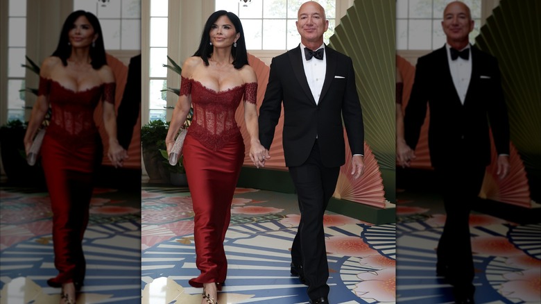 Lauren Sanchez Bezos lleva un vestido rojo con hombros descubiertos y un corpiño de encaje para un evento en la Casa Blanca en 2024.
