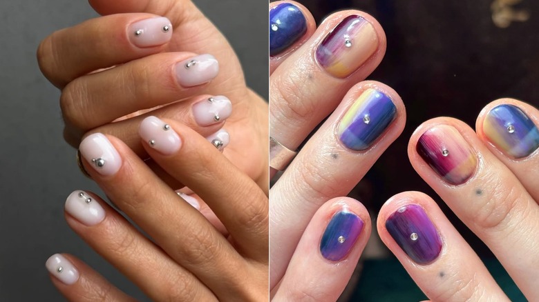Una manicura blanca lechosa con gemas plateadas y un ombre a cuadros con gemas.