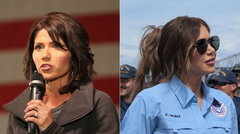 Al lado de Kristi Noem con un globo entrecortado en 2016 y con un recogido desordenado en 2025