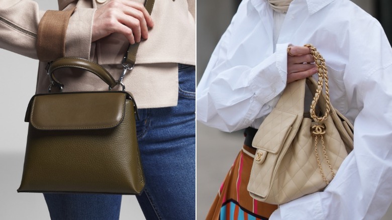 Un bolso liso de color verde oliva y un bolso Chanel color marfil adornado con herrajes dorados.