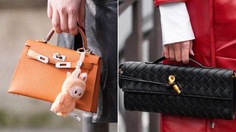 Una mujer lleva un microbolso con un Labubu adjunto y otra lleva un bolso tejido de este a oeste con herrajes dorados.