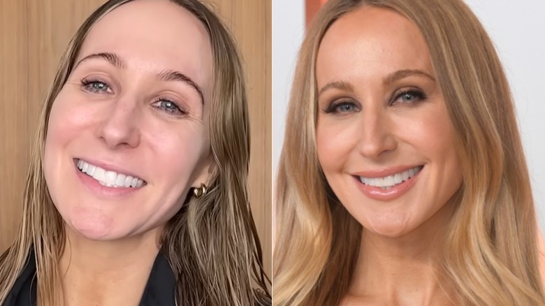 Al lado de Nikki Glaser con y sin maquillaje. Izquierda: Glaser con la cara descubierta: sus cejas son marrones con un arco alto. Derecha: las cejas de Glaser tienen un arco más suave y están rellenas de color marrón claro.