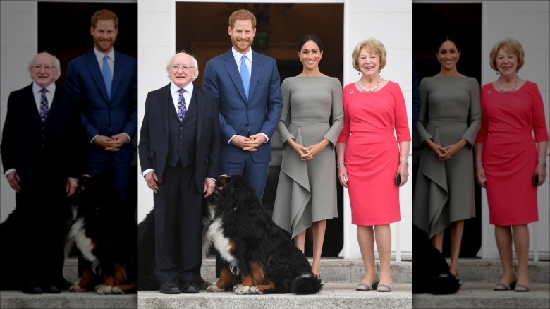 Meghan Markle lleva un vestido midi gris y lleva un bolso negro