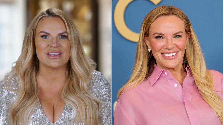 Heather gay con un conjunto brillante y una camisa rosa