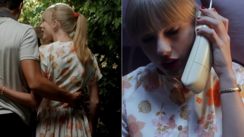 Dos imágenes de Taylor Swift con un vestido midi blanco cubierto de flores de color rosa, naranja y verde apagados. En una imagen, ella está del brazo de un hombre fuera de la pantalla, y en la otra está acostada en la cama hablando por un teléfono fijo.