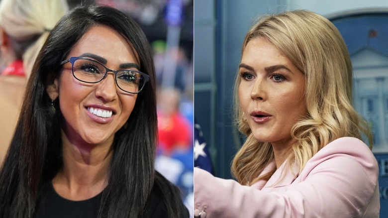 Lauren Boebert con gafas y Karoline Leavitt dando una conferencia de prensa, ambas con mucho maquillaje en las cejas.