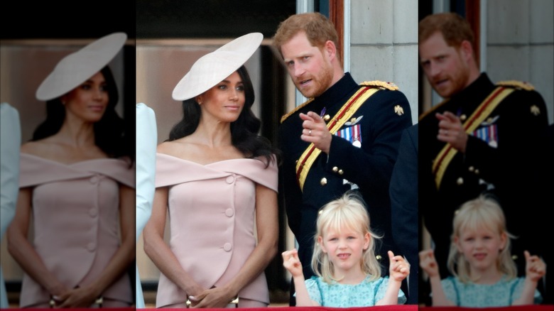 Meghan Markle en la foto con el príncipe Harry con un sombrero color nude y un top rosa con hombros descubiertos