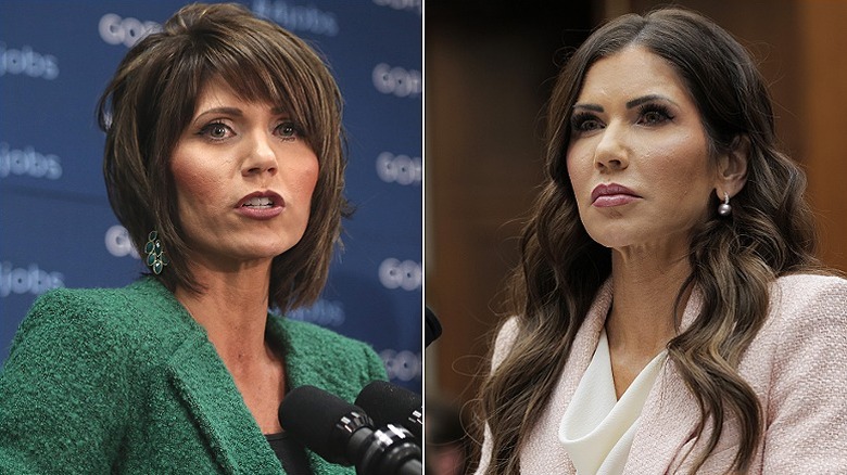 Kristi Noem en rueda de prensa en 2014 y 12 años después en el departamento de justicia