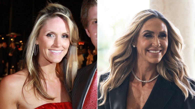 Lara Trump sonríe en un evento con su esposo Eric y habla ante una multitud