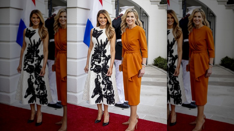 Melania Trump posa con la reina Máxima con vestido de flores blanco y negro