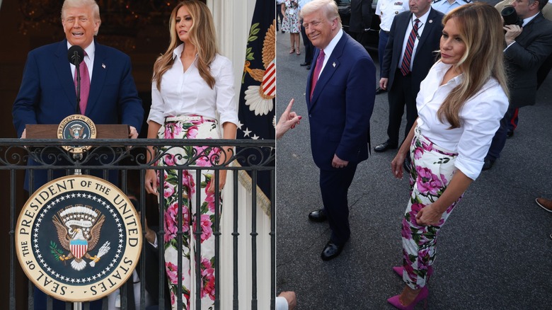 Melania Trump luciendo pantalones de flores y camisa blanca con Donald Trump