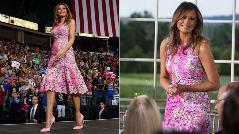 Melania Trump con un vestido rosa de encaje floral en 2017 y 2018