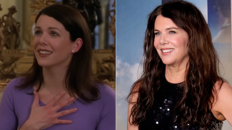 Imagen de lado a lado de Lauren Graham en la temporada 1 de Gilmore Girls a la izquierda y posando en un evento a la derecha.