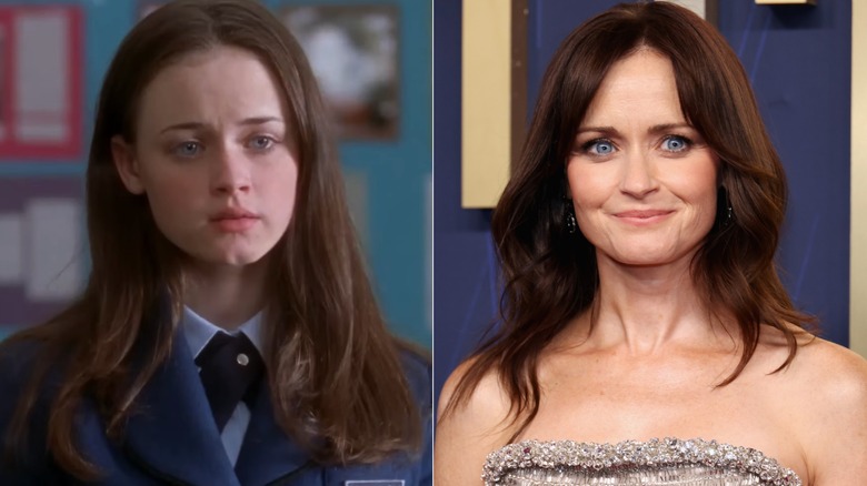 Imagen dividida de Alexis Bledel como Rory Gilmore en Gilmore Girls a la izquierda y sonriendo en un evento formal a la derecha.