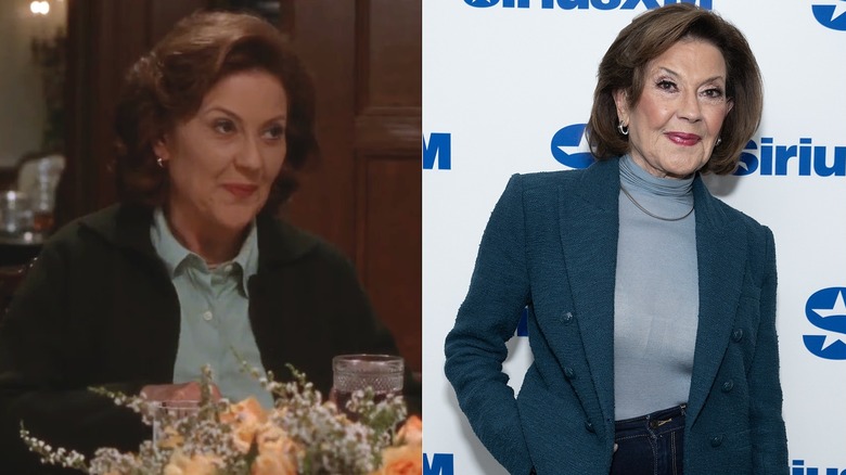 Imagen dividida de Kelly Bishop como Emily Gilmore en Gilmore Girls a la izquierda y posando con un jersey de cuello alto y una chaqueta a la derecha.