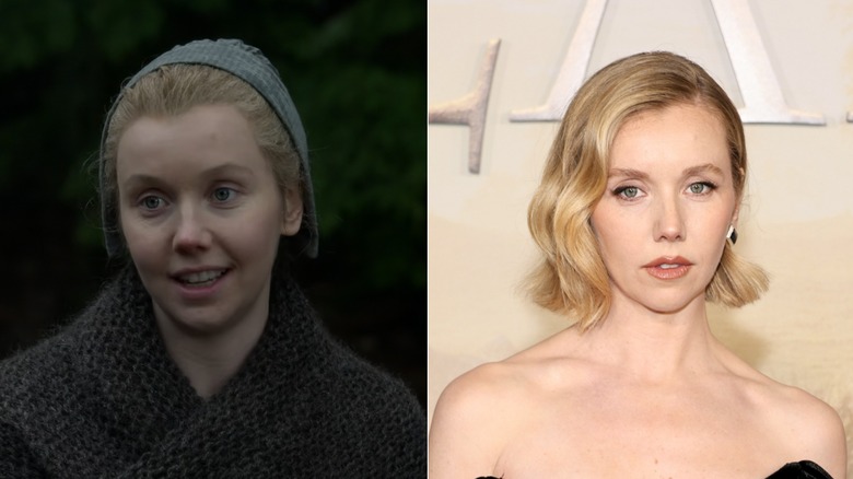 Lauren Lyle con gorro y bob en el estreno de Outlander en marzo