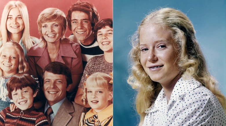 Foto del reparto de las estrellas de Brady Bunch una al lado de la otra con un primer plano de Eve Plumb como Jan Brady