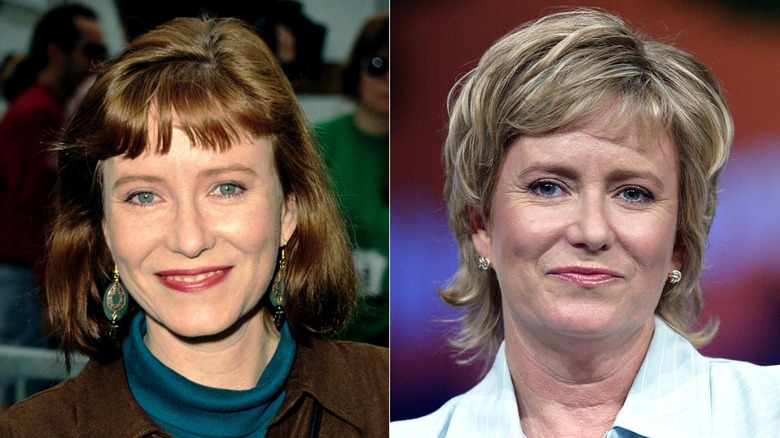 Se ve a Eve Plumb con cabello castaño y flequillo entrecortado en una foto de 1994, al lado de una foto de 2004 de ella con un salmonete rubio en capas.
