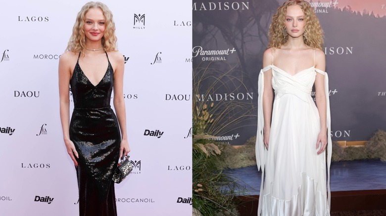 Imagen dividida de la actriz Amiah Miller con un vestido de lentejuelas negro a la izquierda y un vestido blanco con hombros descubiertos a la derecha.