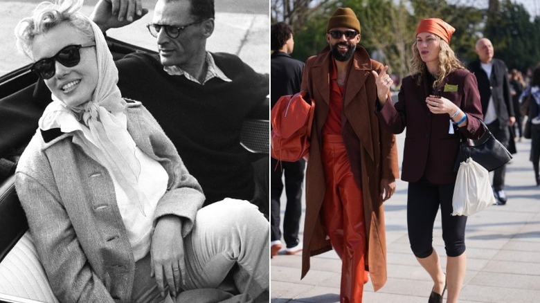 Marilyn Monroe con su esposo Arthur Miller y un invitado a la semana de la moda de París
