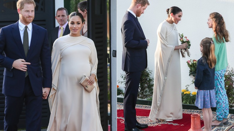 Meghan Markle con un vestido en tono champán