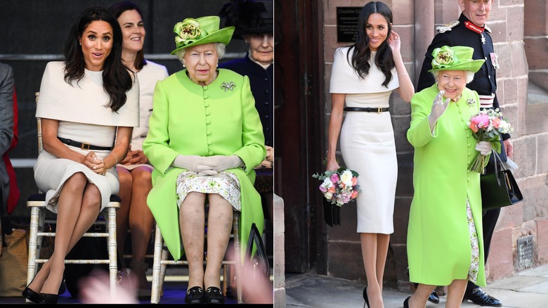 Meghan Markle luciendo un vestido color crema con la reina Isabel II en 2018