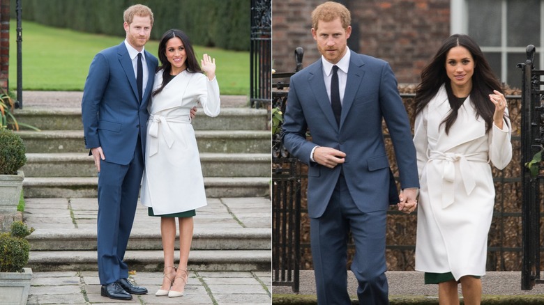 Meghan Markle con un abrigo blanco durante su photocall de compromiso