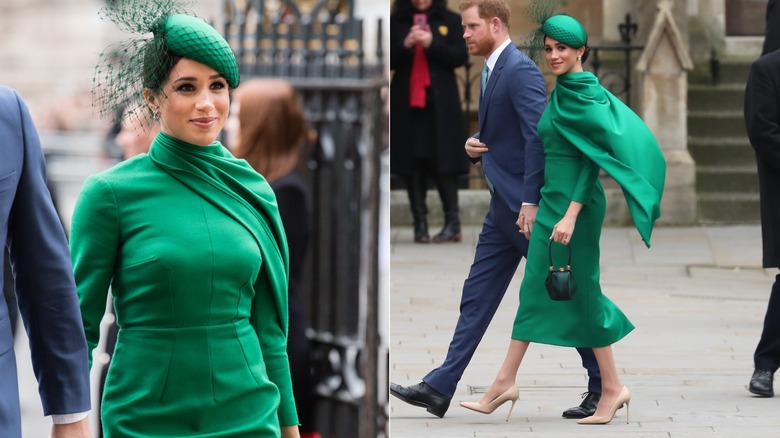 Meghan Markle vestida de verde brillante con el príncipe Harry afuera de la Abadía de Westminster