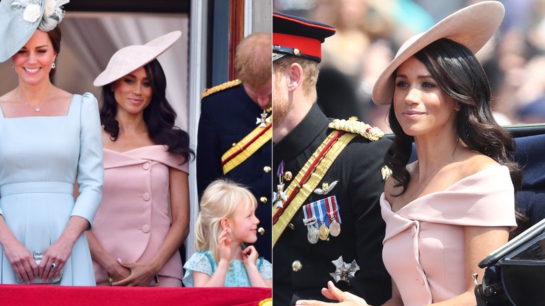 Meghan Markle luciendo un conjunto rosa de Carolina Herrera y un sombrero durante Trooping the Colour