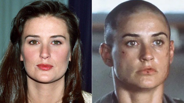 Demi Moore con lápiz labial rojo y GI Jane