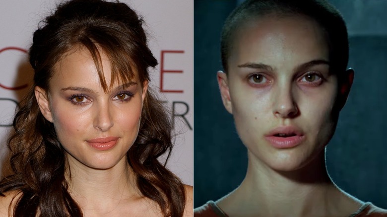 Natalie Portman con el pelo largo y ondulado y la cabeza rapada