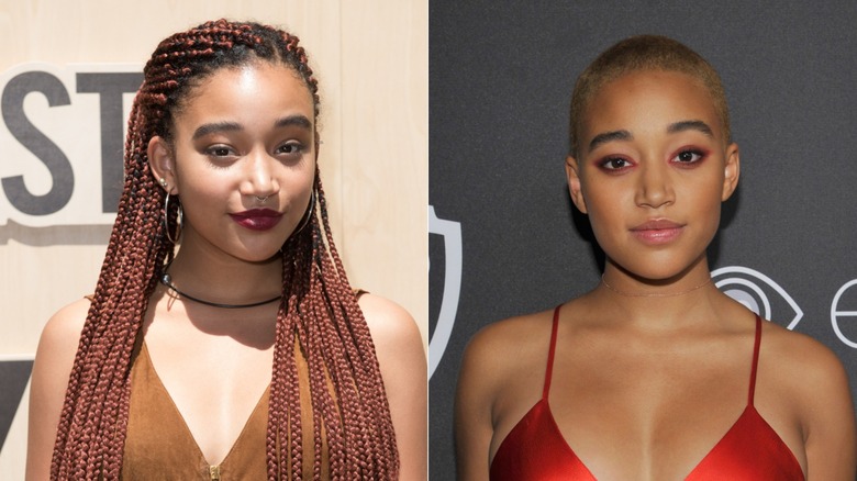 Amandla Stenberg con largas trenzas y rubia cabeza rapada