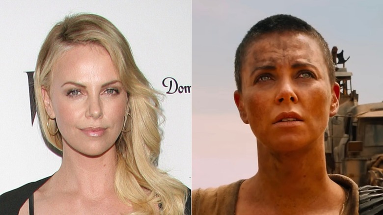 Charlize Theron con el pelo largo y rubio y en Mad Max: Fury Road